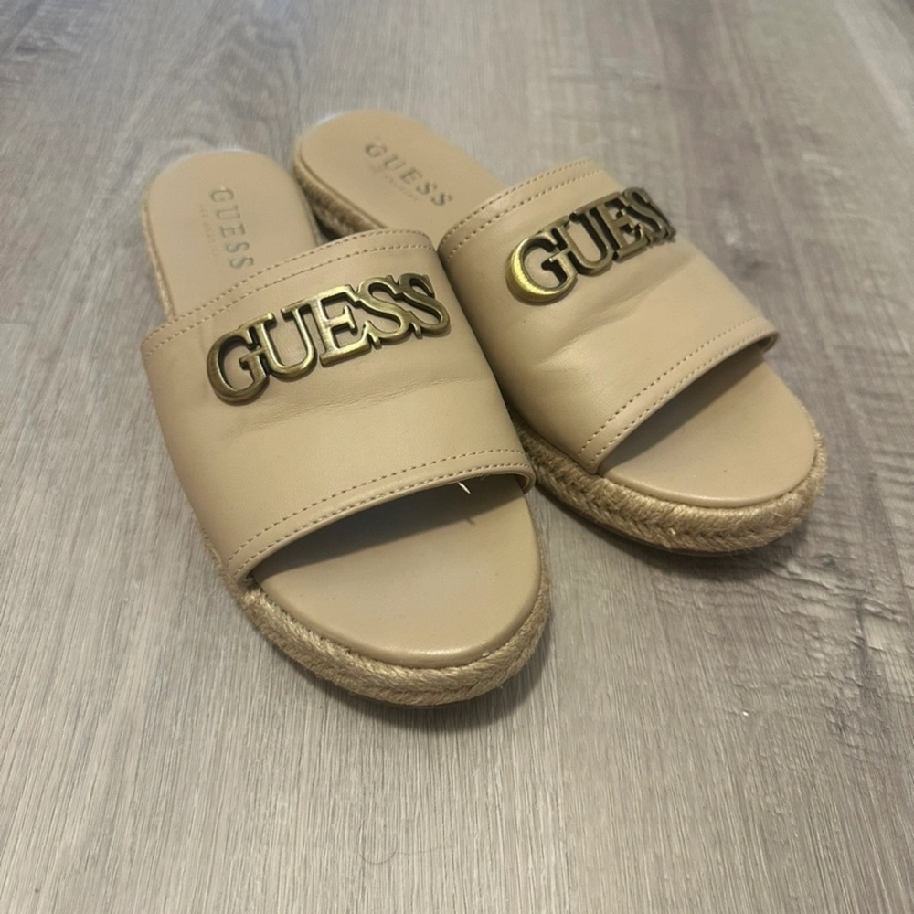 Guess Beige Slide Sandals with Gold Logo